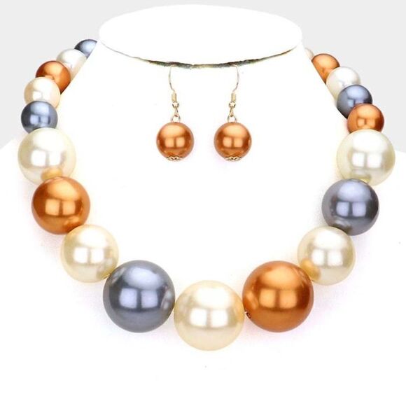 Multi Color Faux Pearl Necklace & Earring Set - Picture 1 of 7